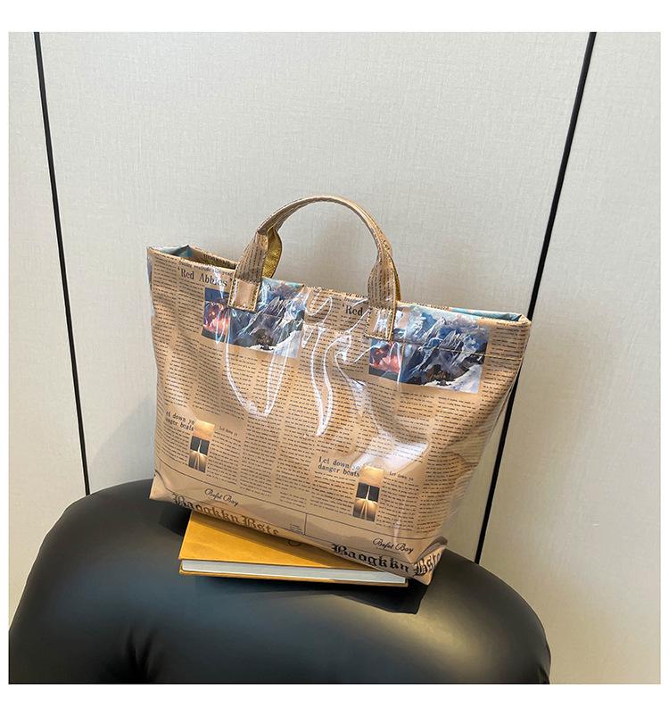 

Trendy Newspaper Print Tote Bag: Large, Versatile, Fashionable Crossbody & Shoulder Handbag хаки