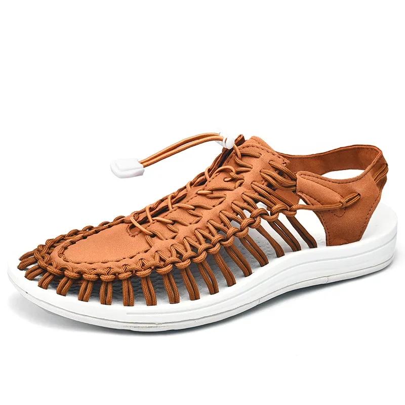 Whoholl Summer Knitted Men Sandals Breathable Casual Shoes for Men Outdoor Beach Sandals Plus Size 35-48 Summer Footwear Man