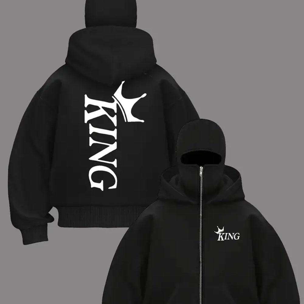JIN TENG Trendy Products Heren Zip-up Hoodie met King Patroon Bedrukt Cool Zwart Jasje, Sportieve en Casual Losse Herfst/Winter Hoodie Retro Modestijl M