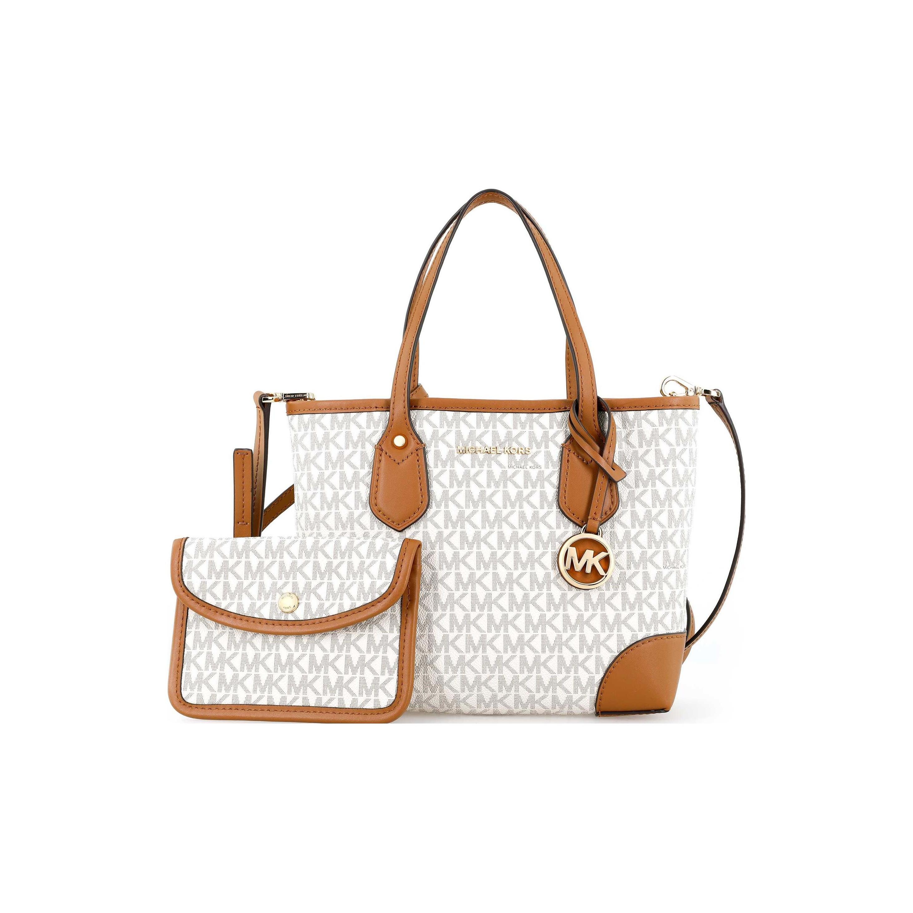 

Michael Kors MK Eva Series Vintage Letter Logo Print Leather Tote Bag Women Tote White Brown 30F9GV0T1B-149 Basic Set (Bag+Dust Bag)