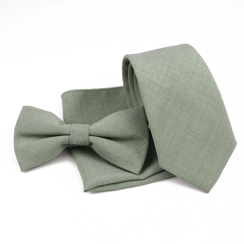 Men Fashion Solid Color Cotton Tie Bowtie Handkerchief Set Wedding Party Butterfly Necktie