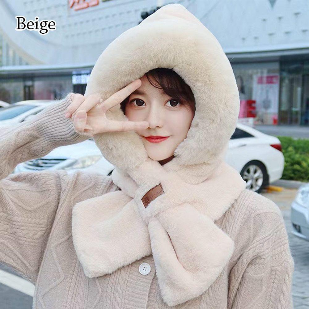 Thickening Beanie Hat Scarf Windproof Neck Warmer Winter Scarf Set Hooded  for Women