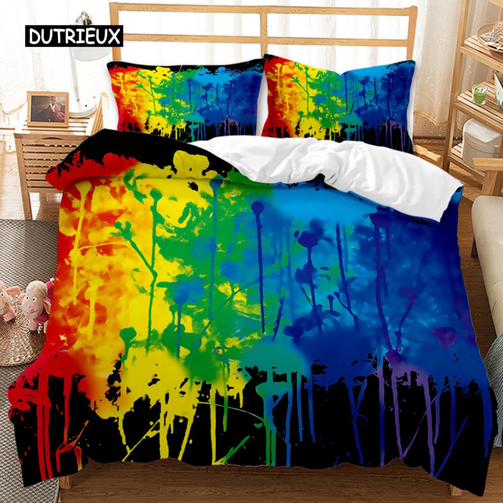 Watercolor Duvet Cover Set MultiColorful Graffiti Splatter Polyester Bedding Set Kids Teens Double Queen King Size Qulit Cover