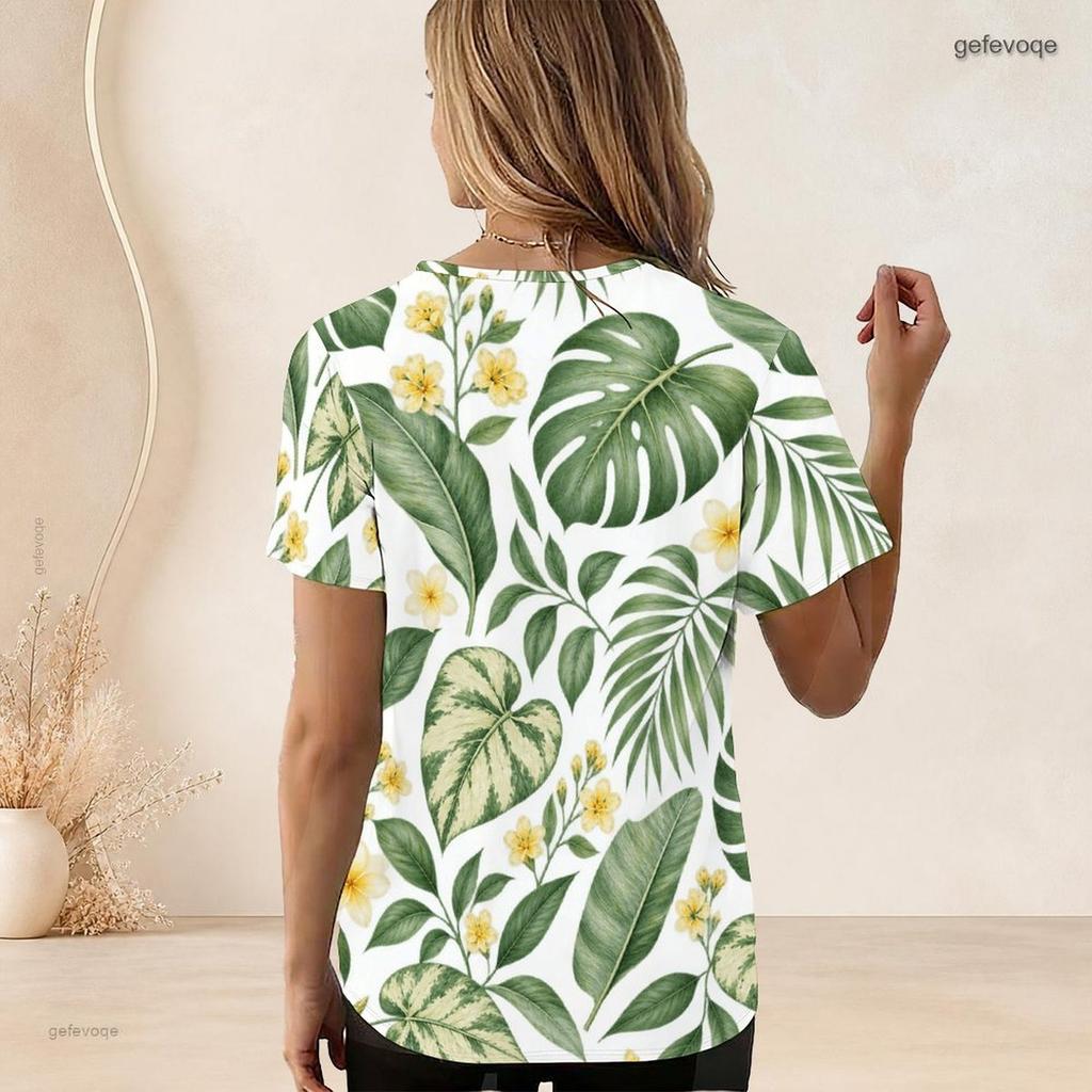Women Plus Size U Neck Short Sleeve Tropical Leaf Printed White Curved Hem T Shirt