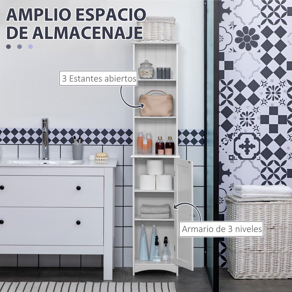 Bathroom Column with 3 Compartments, Door and Adjustable Shelves, for Shower Toilet 34x23x165 Cm White