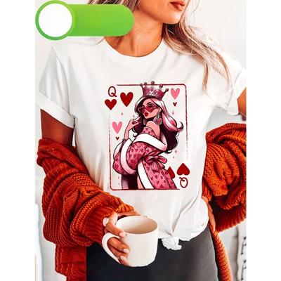 European Size Women's Heart-shaped Queen Pattern T-shirt-Short Sleeves Round Neck Casual Top Hearts and Spades Poker Design Spring Summer Heart-shaped
