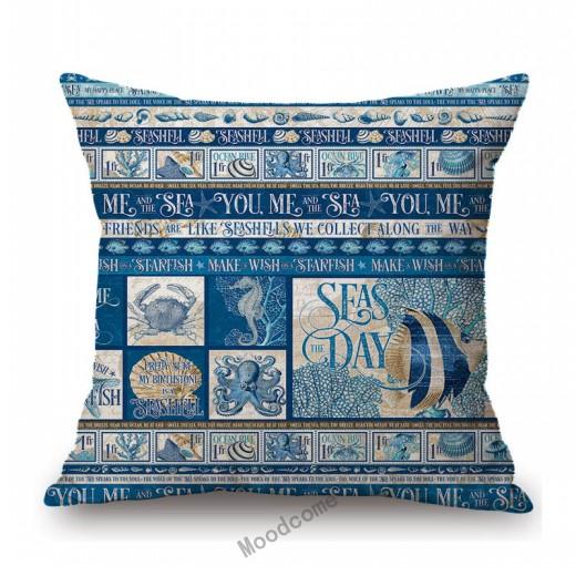 Ocean Blue Sea Life Marine Acquatics Jelly Fish Seashell Starfish Pattern Stylish Nordic Pillow Case Cotton Linen Cushion Cover