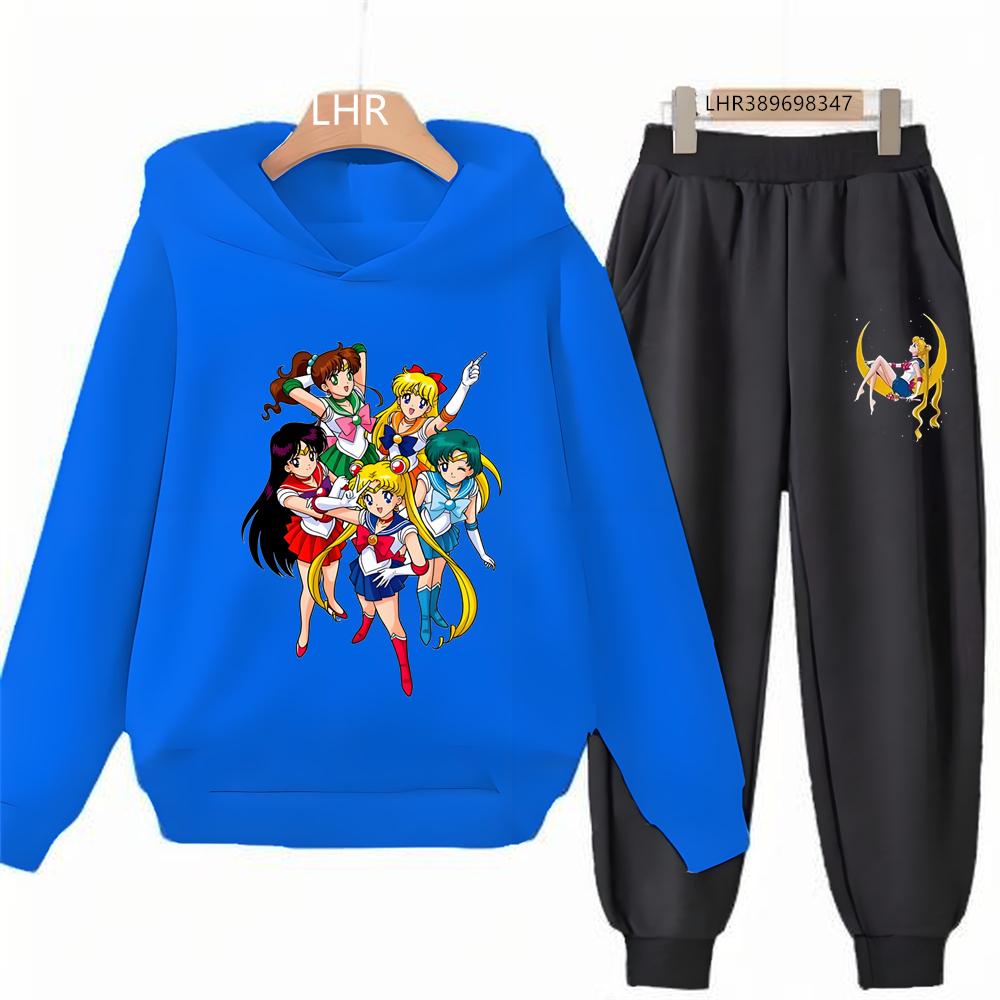 Fashion Anime Hoodie Sailor Moon Print Kids Girl Pink 3-12 Years Sweatshirt+Trousers Sports Pullover Coat Leisure Autumn Set