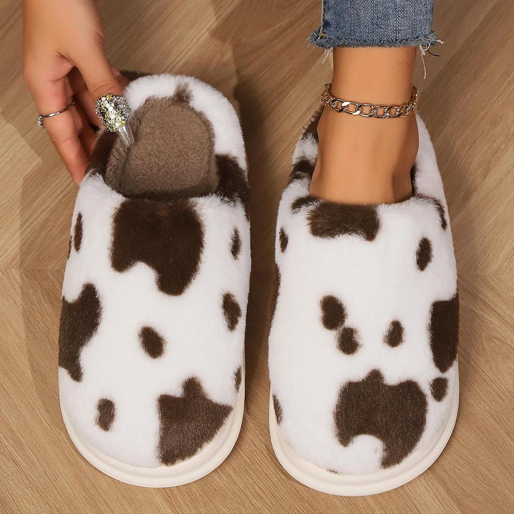 Cartoon Cow Furry Slippers with Thickened Heel, Warm Non-Slip Indoor Winter Clogs