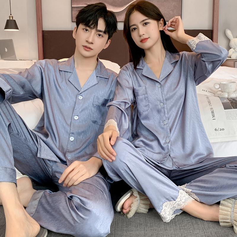 

Шелковая пижама в елочку для пары: Женский кардиган с длинным рукавом и мужской домашний костюм из ледяного шелка для осени/весны. Women s M