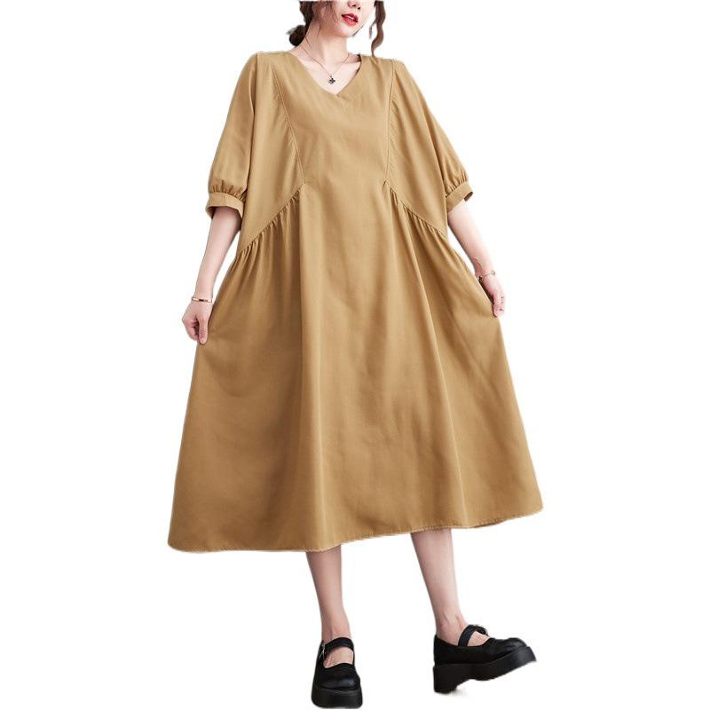 Real Shot Summer New Literary Large Size Loose Splicing Solid Color V-neck Short-sleeved Dress Women's Clothing Medium and Long