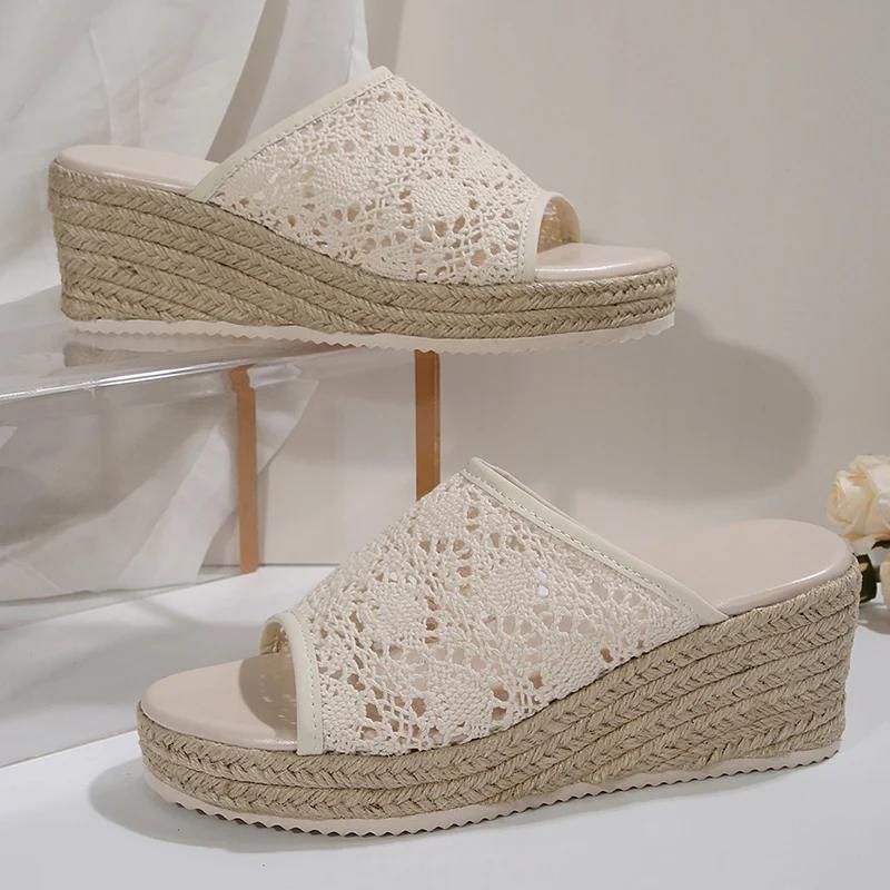 Fashion Plus Size 36-43 Braided Wedge Sandals Women 2025 Summer Linen Thick Sole Slippers Woman Comfy Hollow Out Platform Sandles Female