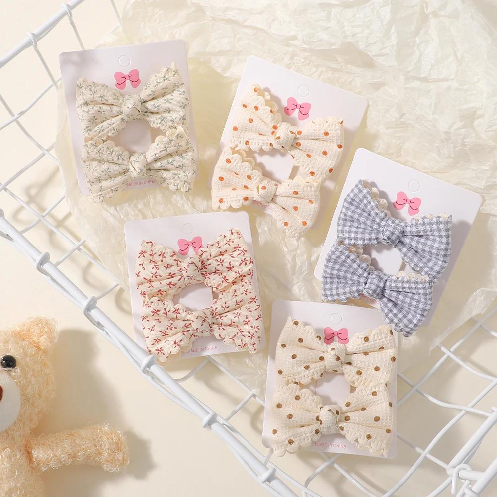 2Pcs/Set Flower Print Hair Clips Kids Bows For Baby Girls Handmade Plaid Cute Bowknot Hairpin Barrettes Cotton Hair Accessories