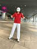 Summer clothing large size sportswear foreign style new women's pure cotton short-sleeved loose top thin straight pants two-piece set
