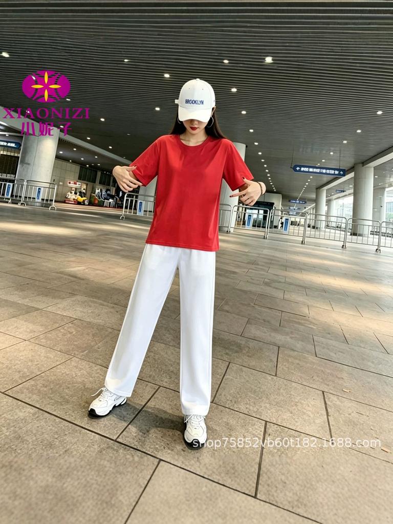 Summer clothing large size sportswear foreign style new women's pure cotton short-sleeved loose top thin straight pants two-piece set