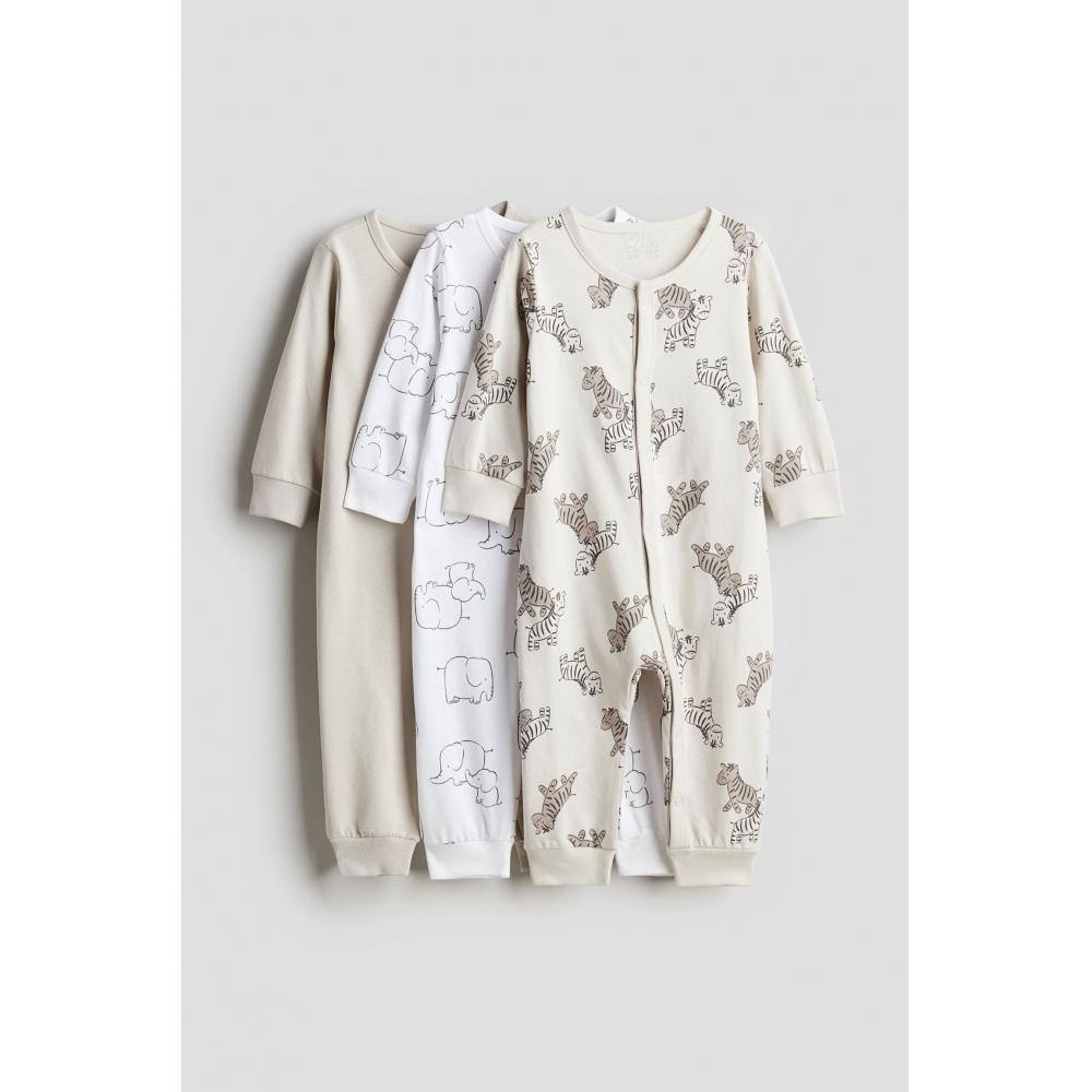 

H M Cotton Pajama 3 Piece Set Light Beige Zebra