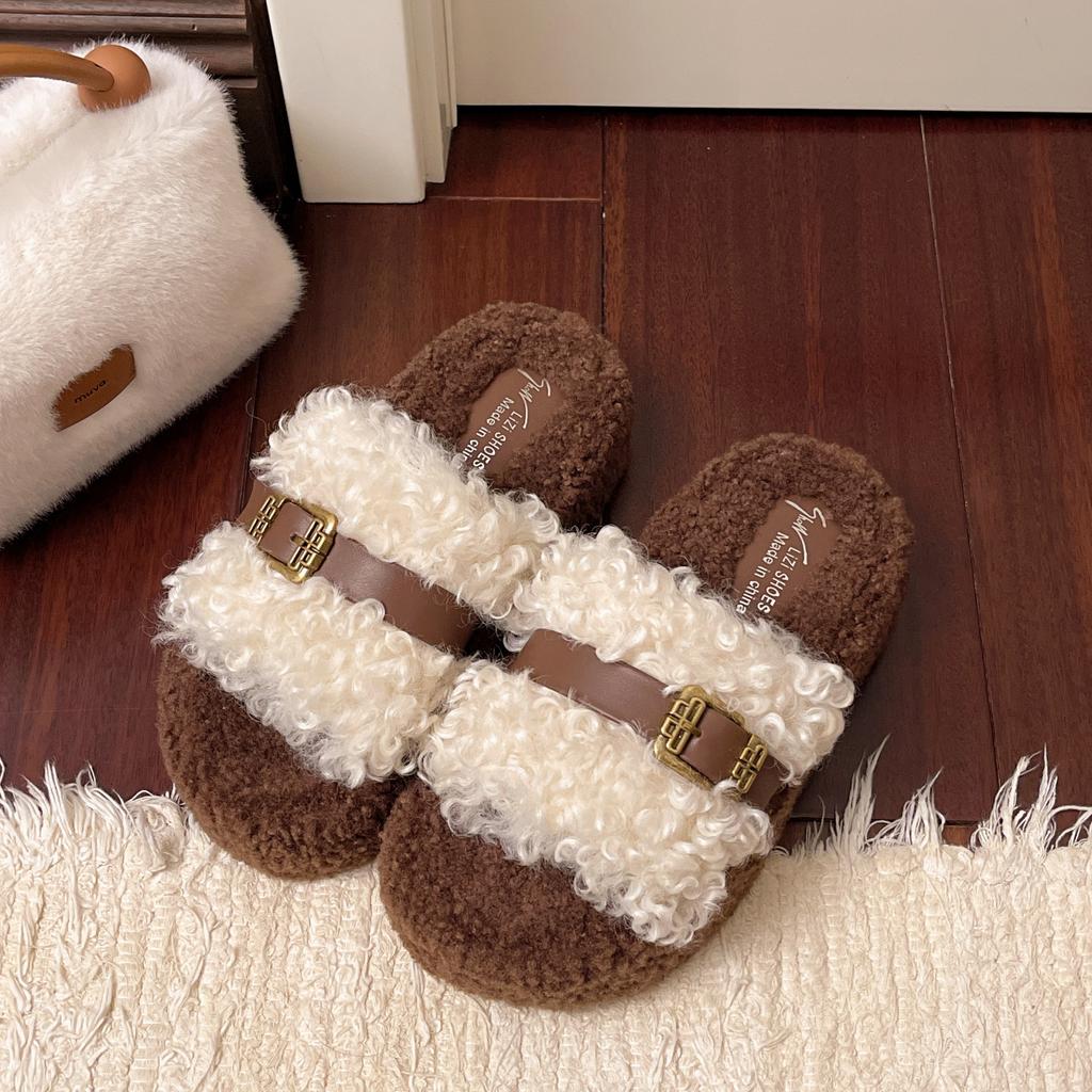 Teddy Curly Hair~ Hong Kong Style Versatile One-Word Cotton Slippers Women's Fashion Outer Wear Platform 2025 Mao Mao Shoes Women's Mao Slippers