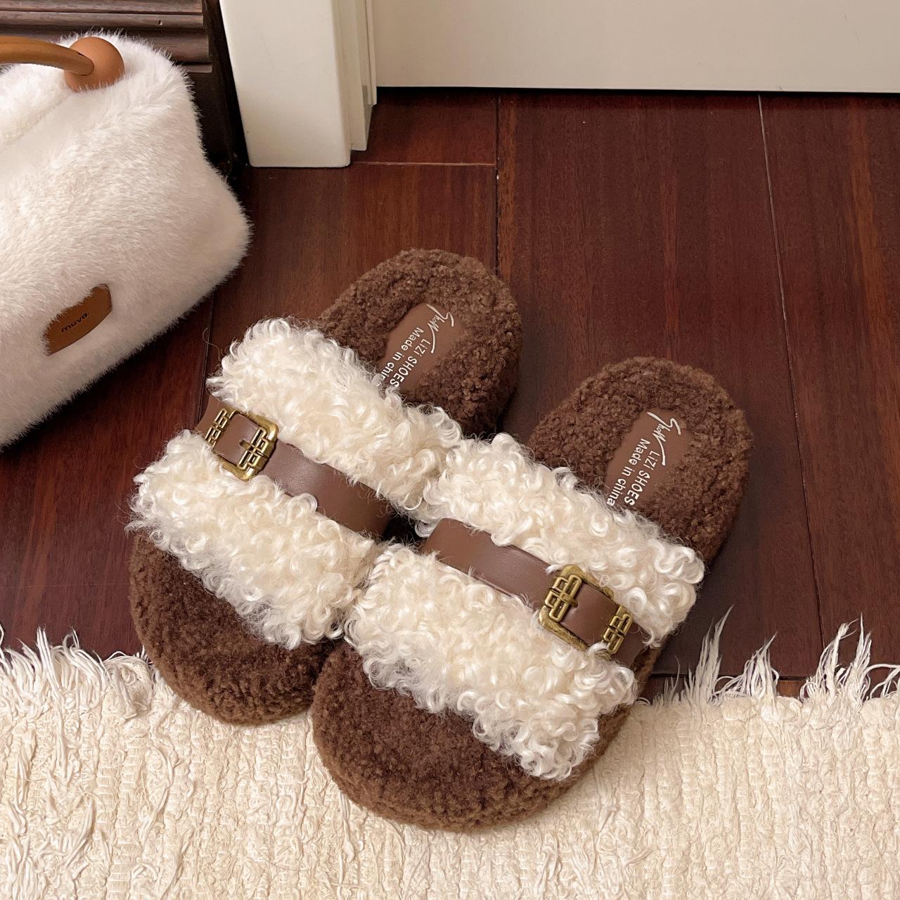 

Teddy Curly Hair~ Hong Kong Style Versatile One-Word Cotton Slippers Women s Fashion Outer Wear Platform 2025 Mao Mao Shoes Women s Mao Slippers 40