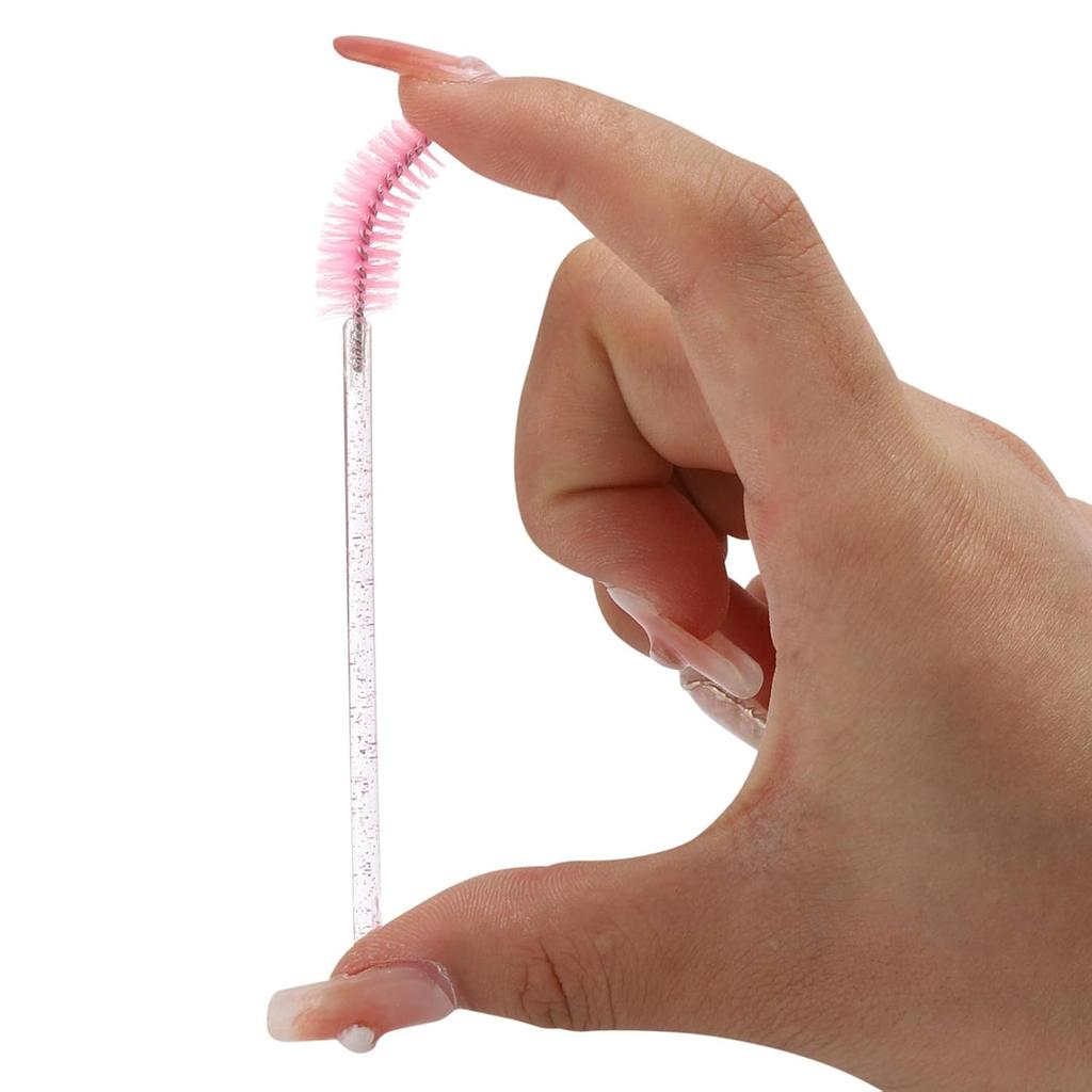 100 Pcs Disposable Mascara Wands & Crystal Eyebrow Spoolies Brush for Eyelash Extensions Pink Lash Brushes Container