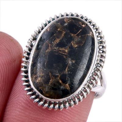 Natural Black Copper Turquoise 925 Solid Sterling Silver Jewelry Ring S.6.5 H1Y41