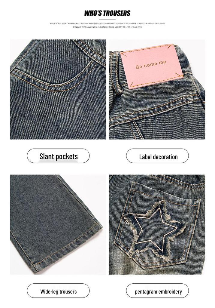 2025 Mädchen High-Waist Weitbeinige Jeans mit Sternen-Aufnähern - Frühling/Herbst Stil für ältere Kinder