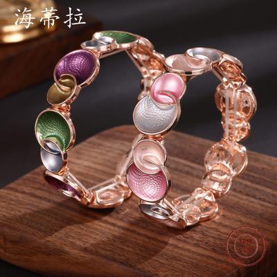 Enamel Geometric Round Elastic Bracelet, Women's High-end Round Petal Alloy Bracelet