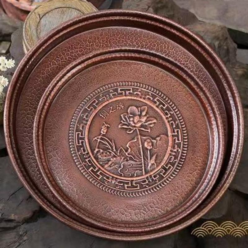 Vintage Lotus Leaf Flower Texture Pure Copper Coffee Cup Tray,Teacup Saucer Home Cheese Fruit Plate,Snack Disc Table Decoration