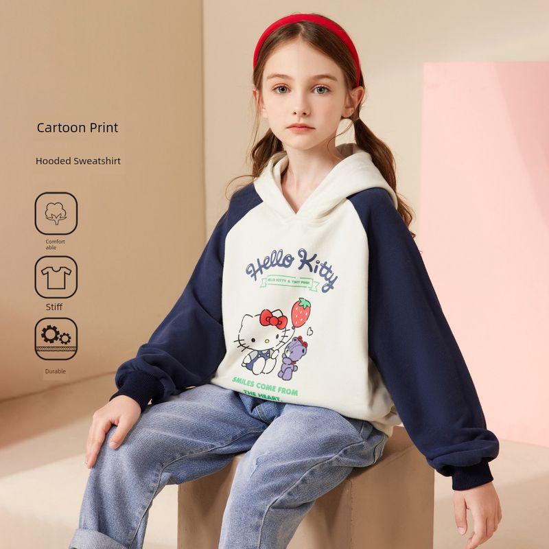 Hello Kitty Hello Kitty Girl s Hooded Sweatshirt Spring and Autumn Girl Patchwork Top Kids Fashionable Spring Clothing Beige 130cm