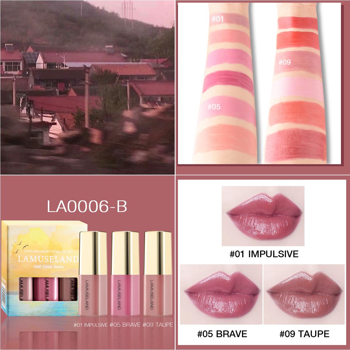 

LAMUSELAND 3 шт./компл. серия Gold Coast, бархатный увлажняющий блеск для губ, увлажняющая жидкая помада для губ, макияж