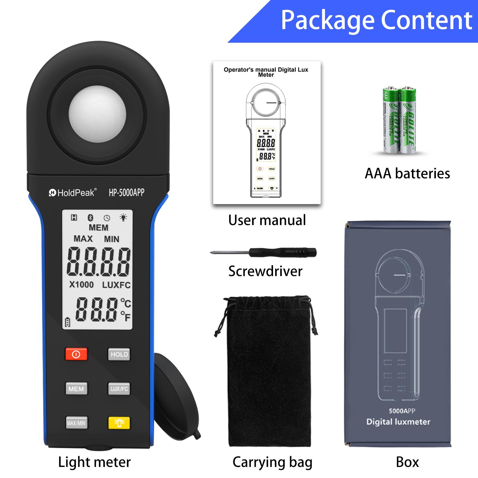 

Измеритель освещенности Ручной люксметр с Bluetooth, 1-400000 люкс с поворотом на 270 °, ЖК-экран, цифровой люксметр с температурой синий