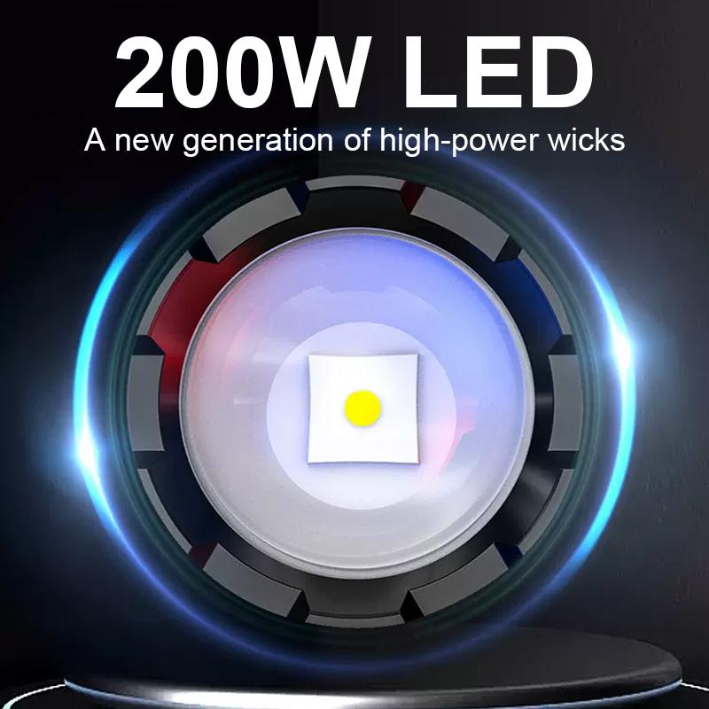 Powerful 200W LED Flashlight Super Bright Torch High Lumen 100000LM Spotlight Rechargeable Lamp Self-protection Lantern