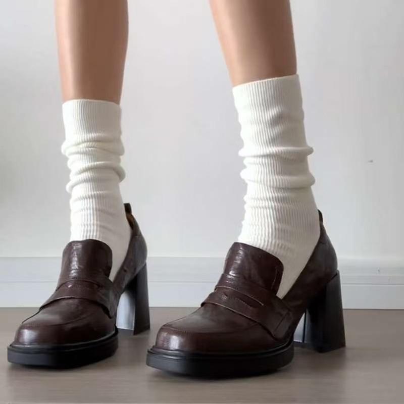 Retro high-heeled single shoes women's autumn fashion thick heel one-pedal square-headed college small leather shoes women