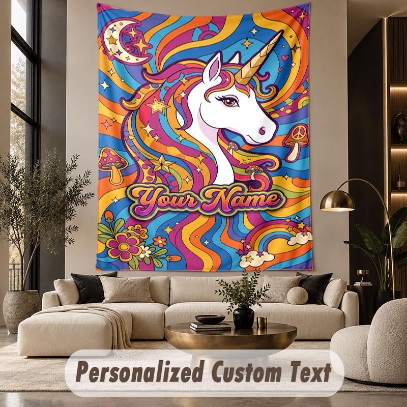 Unicorn (266) Theme Personalized Tapestry Custom Name Text Wall Hanging Tapestry Home Background Decoration