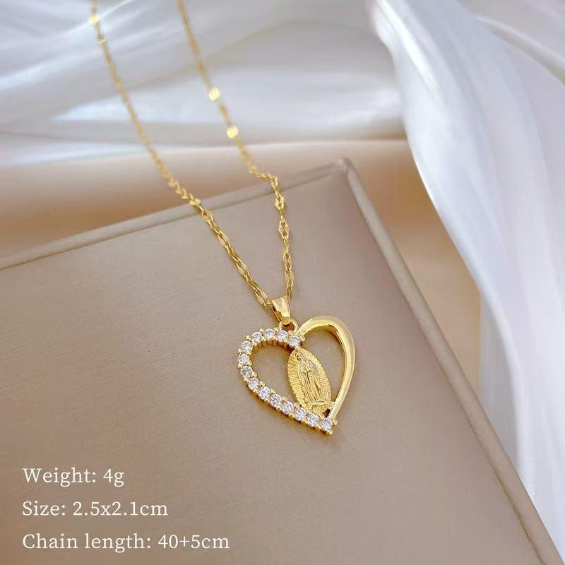 Gold Plated Maria Necklace Cubic Zircon Heart Choker For Women Mary Titanium Steel Chain Religious Jewelry