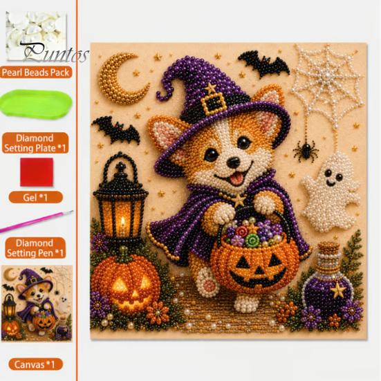 Easy Craft Kits for Beginners Halloween Faux Pearl Painting Kit, Puppy Art DIY Witch Decorative Supplies Hat Bead Kit Adults And Teens, Handmade Gift