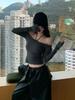 Y2k Sexy Gerade Lace Up Basis T-shirts Frauen Herbst Vintage Langen Ärmeln Schlank Kleidung Koreanische Chic Off Schulter Gestreiften Tops neue