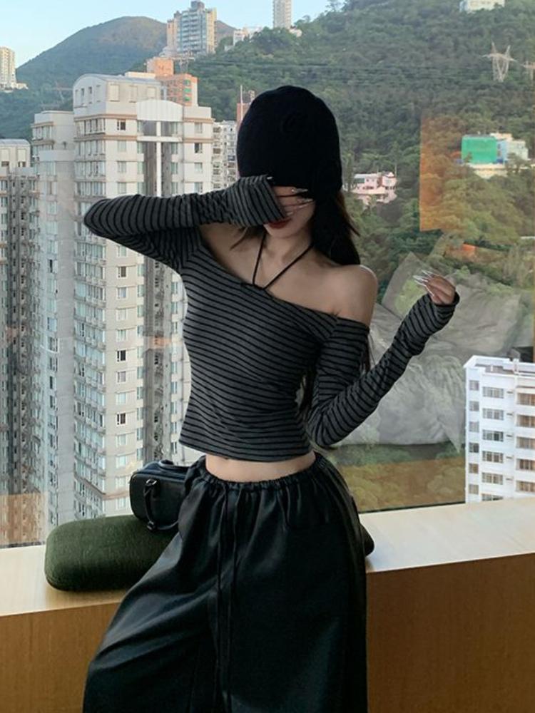 Y2k Sexy Gerade Lace Up Basis T-shirts Frauen Herbst Vintage Langen Ärmeln Schlank Kleidung Koreanische Chic Off Schulter Gestreiften Tops neue