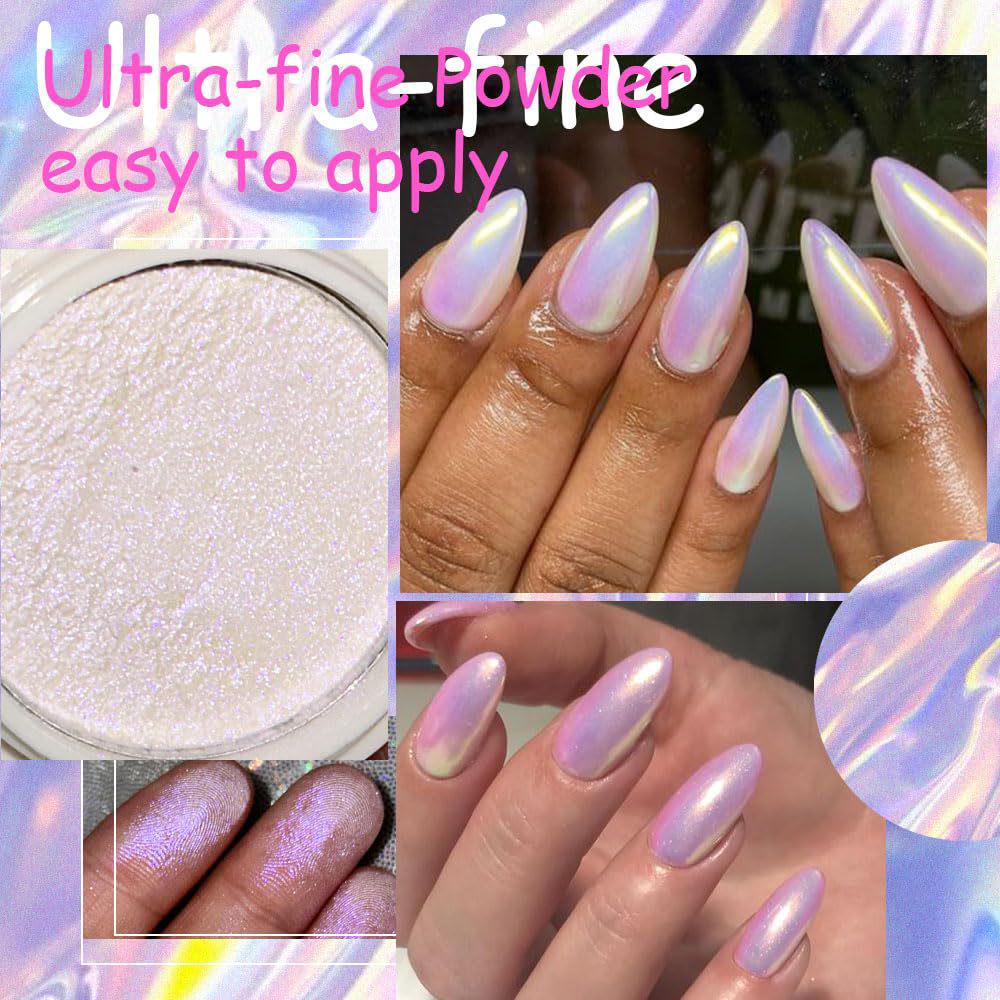 Aurora Nail Powder Set: 3 Colors - Ice, Transparent, and Magic Mirror Glitter with Brush