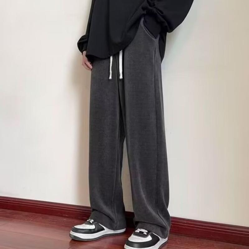 Men's Autumn Winter Hong Kong-Style Loose Plus-Size Straight-Leg Casual Pants Fashionable Simple Fleece-Lined Wide-Leg Pants