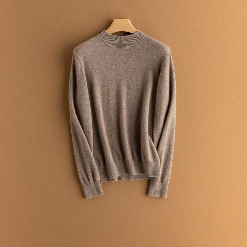 Women's Pure Cashmere Seamless Knit Sweater, Autumn/Winter Half-High Neck, Long Sleeve Base Layer