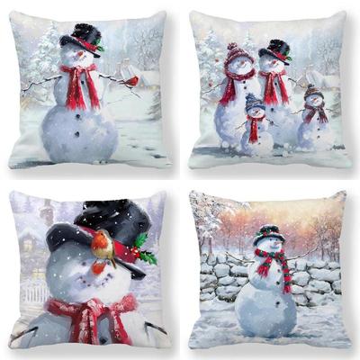 Home Decor Snowmen In Winter Scene Decorative Pillowcase Pattern Cushion Cover Suitable For Sofa Bedroom Car Pillow Cover