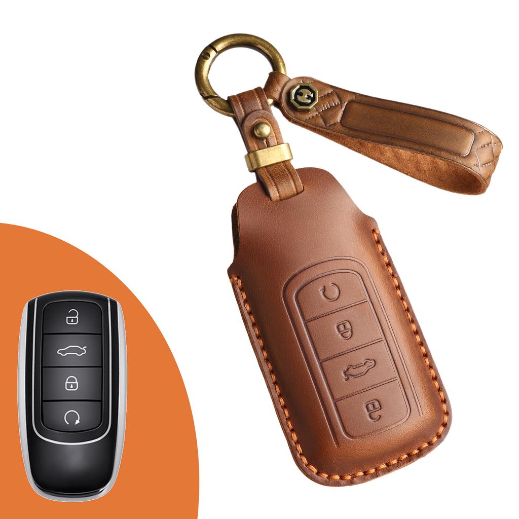 Genuine Leather Key Cover for Chery Omoda 5 C5 Tigo 7/8 Pro Max, Full Grain Key Fob Protector with Leather Strap