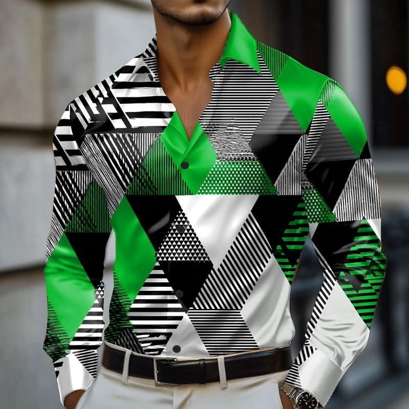 Men's Geometric Color Block Grid Plaid Shirt Long Sleeved Fashion Casual Vacation Daily Wear Turndown 3D Print Button Up Shirts