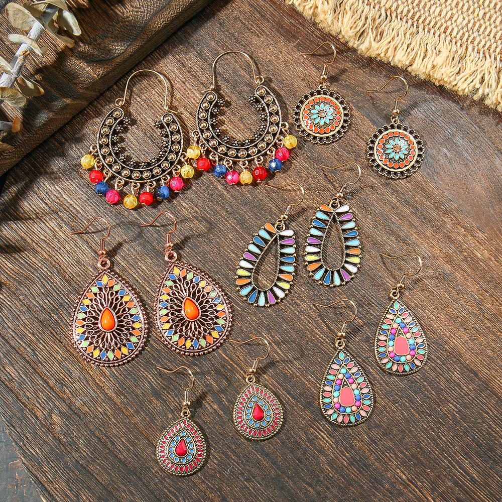 Women Vintage Colorful Dangle Earrings Set Boho Statement Tassel Ornaments Chic Holiday Gifts Party Decors Daily Wear Versatile