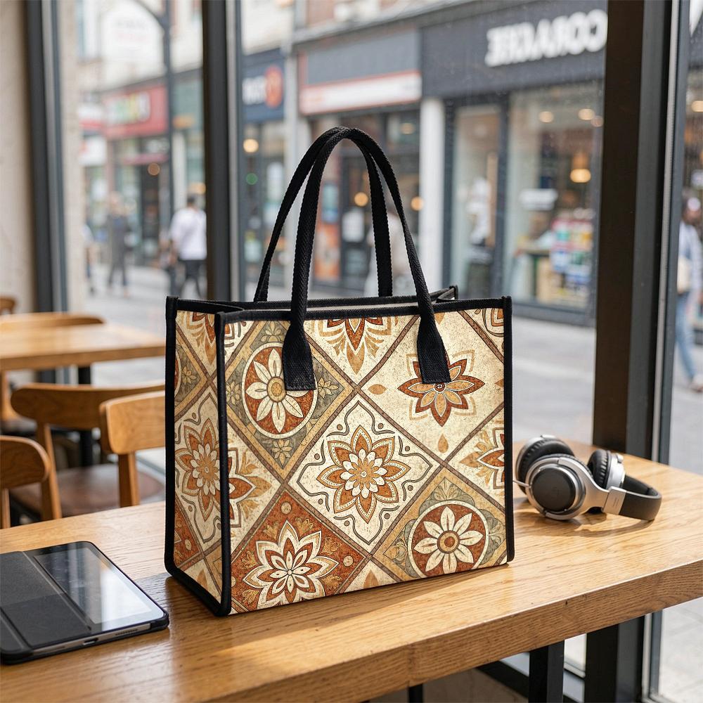 Vintage Floral Pattern Tote Bag Large Capacity Casual Portable Daily Use Shoulder Bag for Shopping Work Travel