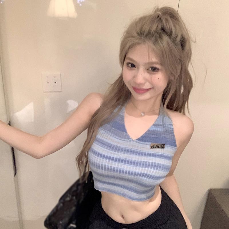 Dámské Slim Halter Crop Topy Pletené Tílko Streetwear Bez zad Univerzální Topy