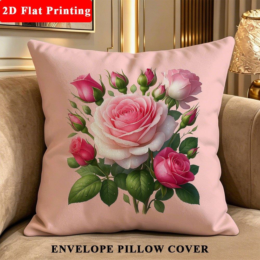 1pc Modern Floral Pillow Cover with Pink Roses Bouquet Print - Breathable Polyester Case Suitable for