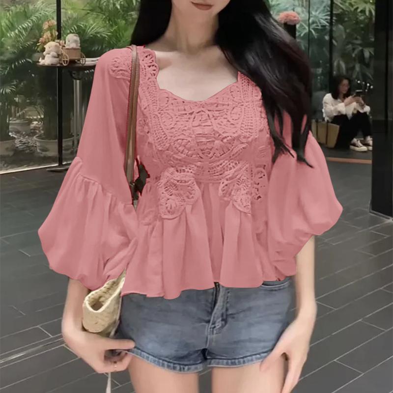 ZANZEA Women Square Neck Casual Crochet Patchwork Summer 3/4 Sleeve Blouse