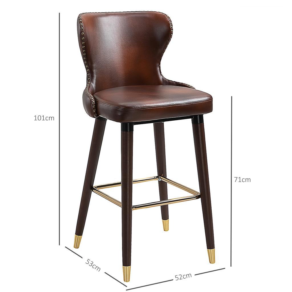 Set da 2 Sgabelli da Bar con Poggiapiedi, Sgabello da Bar con Schienale, Sgabello da Bistrot, Sedia da Pranzo, Sgabello da Bancone, Ecopelle, Marrone, 52 x 53 x 101 cm