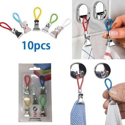 Pacote com 10 peças de prendedores de roupa portáteis de metal colorido para pendurar toalhas de chá